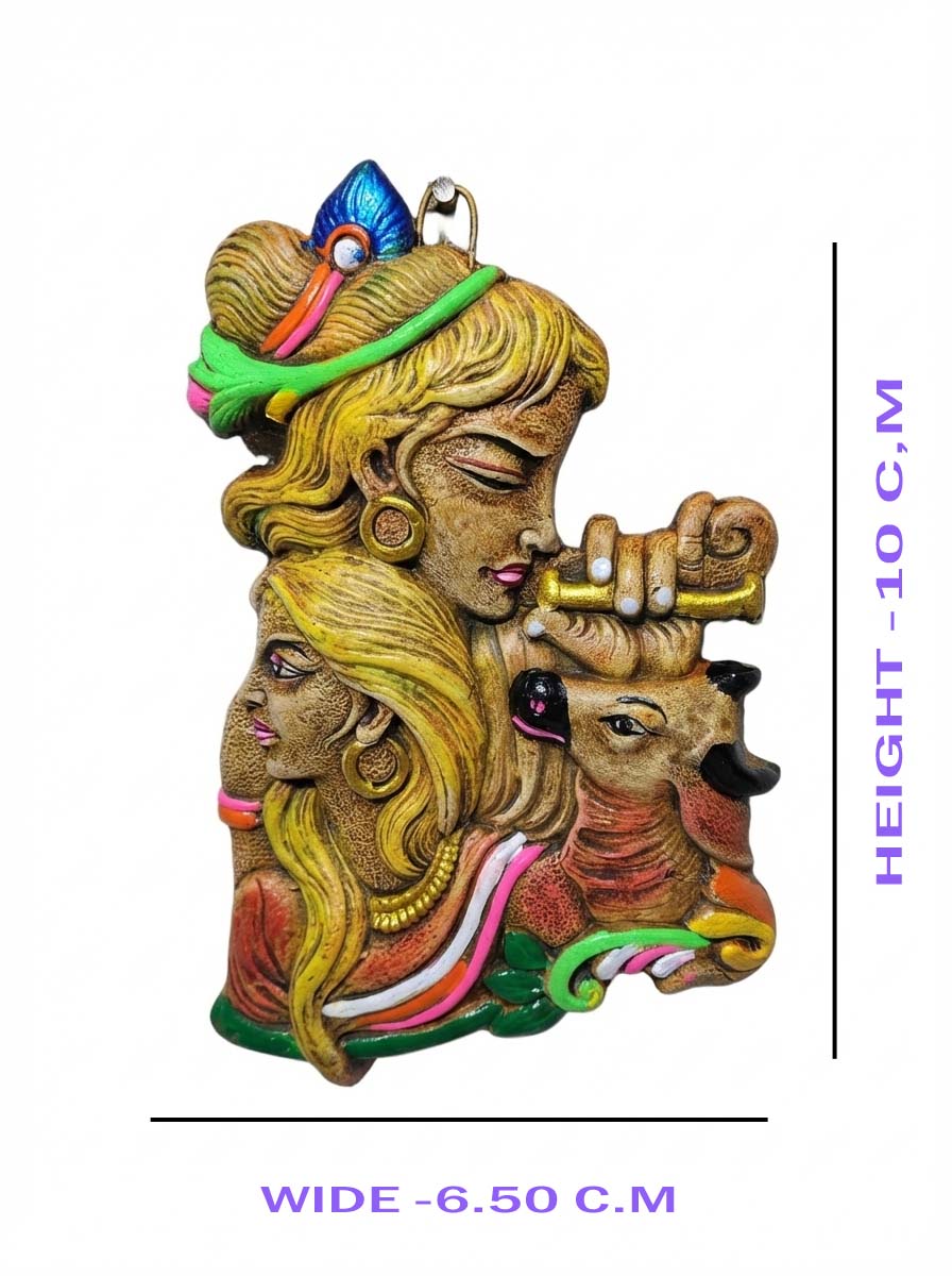 Terracotta wall hanging depicting the Hindu deities Radha and Krishna with a deer.
