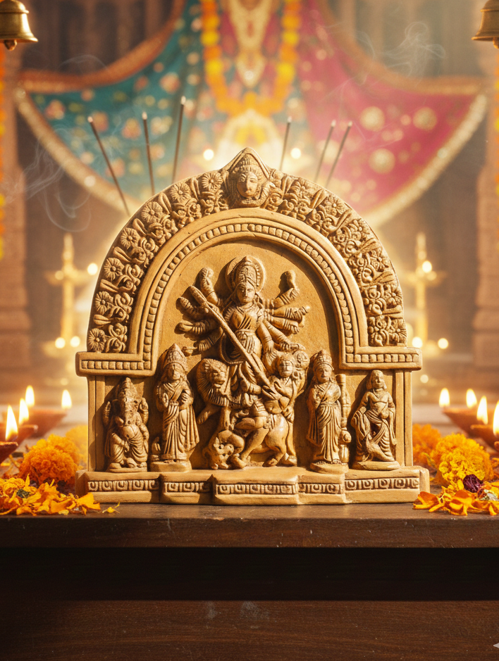 Terracotta Durga Family Showpiece Handmade Maa Durga Idol with Lakshmi Saraswati Ganesha Kartikeya Traditional Home Decor Pack of 1