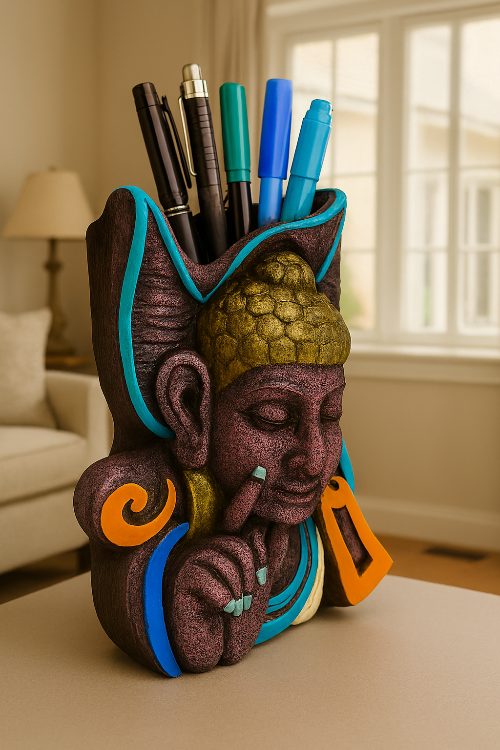 Handcrafted clay pen stand featuring a depiction Buddha.